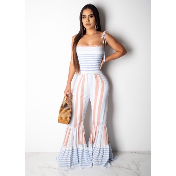 . The Sky’s The Limit Wide Leg Striped Tie Boho Jumpsuit - Picture 3 of 6